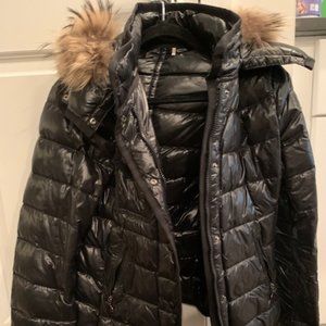 Moncler short down jacket with raccoon fur hood women's